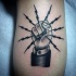 Black very detailed leg tattoo of lineman symbol