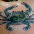 Tatuaje en el hombro, cangrejo  con signo en la espalda