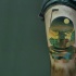 Bobba Fett style colored thigh tattoo stylized with city sights
