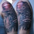 Breathtaking colored and detailed shoulder tattoo of Asian house in mountains