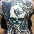 mozzafiato molto dettagliato massiccio bianco e nero fiore con cranio tatuaggio pieno di schiena