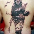 Cartoon style black ink whole back tattoo of Japanese warrior with bats