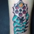 Cartoon style colored arm tattoo of zombie hand with revolver