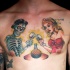Cartoon style colored chest tattoo of woman with skeleton couple