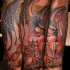 Cartoon style colored fantasy eagle tattoo on leg combined with mouse archer