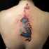 cartoon style colored little girl with umbrella tattoo on back