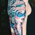 Cartoon style colored shoulder tattoo of Indian woman with helmet