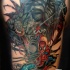 Cartoon style colored shoulder tattoo of Spider-man and Venom
