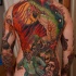 Cartoon style illustrative whole back tattoo of evil dragon with scary humans