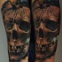 Colored amazing looking arm tattoo of broken human skull