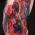 Colored fantasy style side tattoo of horse rider with flames