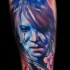 Colored illustrative style hand tattoo of fantasy woman face
