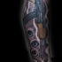 Colored illustrative style tattoo of AK rifle with bullet holes