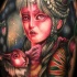 Colored illustrative style tattoo of fantasy woman with rabbit