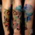 Colorful illustrative style owl with butterfly tattoo on forearm with plane and stars