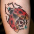 Tatuaje en la pierna, mariquita y cráneo en ella