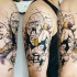 Comic books style colored shoulder tattoo of human-monkey with lettering