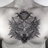 Tatuaje de pecho estilo punto espeluznante del lobo demoníaco con símbolos