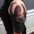 Cute illustrative style shoulder tattoo of seductive angel woman