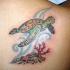 Tatuaje en el hombro,
tortuga  con coral y estrella de mar