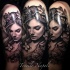 Dark black ink shoulder tattoo of woman with butterfly and flowers