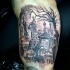 Tatuaje  de cementerio abandonado oscuro en el brazo