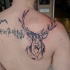 Deer portrait dark black ink tattoo on man's back in homemade style
