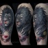 Detailed illustrative style shoulder tattoo of fantasy lion with heart