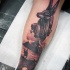 Egypt themed black and gray style leg tattoo of big pyramids and statues