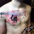 Engineering themed colored chest tattoo of camera with ornaments and lettering