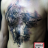 Engraving style black and white chest tattoo of flying owl
