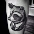 Engraving style black ink arm tattoo of raccoon in suit