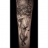 Engraving style black ink arm tattoo of fox with beautiful flowers with plant and sun