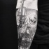 Engraving style black ink arm tattoo of beautiful sailing ship with moon