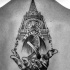 Engraving style black ink back tattoo of large medieval cathedral with DNA and human hand