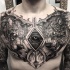 Engraving style black ink chest tattoo of dark bears with arrow and eye