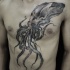 Engraving style black ink chest tattoo of large octopus