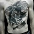 Engraving style black ink chest tattoo of evil cock with knife