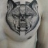 Engraving style black ink chest tattoo of wolf head with human skull