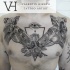 Engraving style black ink chest tattoo of horse heads with flowers and mystic eye
