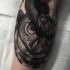 Engraving style black ink detailed forearm tattoo of owl