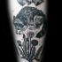 Engraving style black ink flowers with fox and bat tattoo