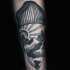 Engraving style black ink forearm tattoo of snowboarder with mountains