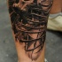 Engraving style black ink leg tattoo of skull with crow and bones