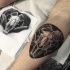 Engraving style black ink leg tattoo of goat skull