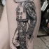 Engraving style black ink leg tattoo of saint bull in clothes