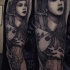 Engraving style black ink shoulder tattoo of beautiful woman with sword