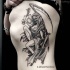 Engraving style black ink side tattoo of sexy woman Grimm reaper