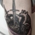 Engraving style black ink tattoo of human heart with swords and snake