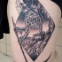 Engraving style black ink thigh tattoo of skeleton warrior